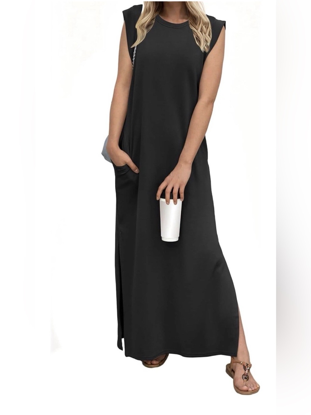 Black Sleeveless Maxi Dress with Side Slits and Pockets Size Small
